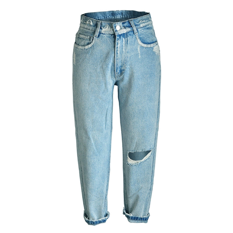 Women's casual nine-point pants, blue retro washed ripped high-waisted slim-fitting small-footed jeans