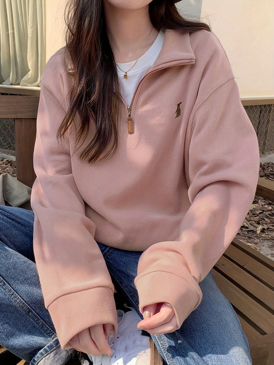 Zip Front Pullover Sweatshirt, Casual Solid Long Sleeve Sweatshirt For Fall & Winter, Women's Clothing