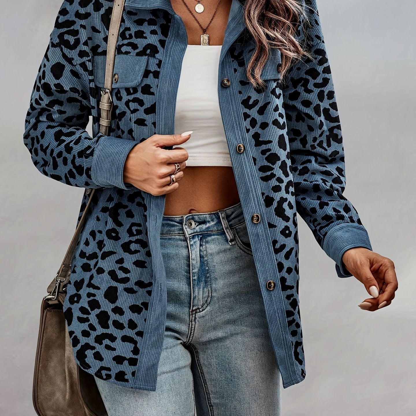 vlovelaw  Leopard Print Shacket Jacket, Casual Button Front Turn Down Collar Long Sleeve Outerwear, Women's Clothing