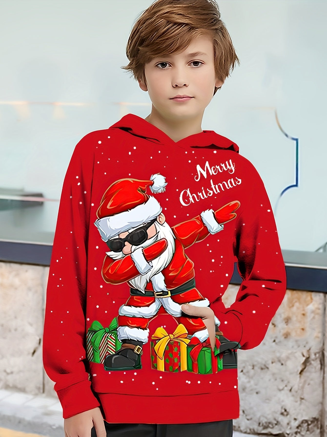 Christmas Theme Print Long Sleeve Hooded Sweatshirt - Soft, Regular Fit, Cozy Pullover Top for Boys, Perfect for Fall and Winter Seasons