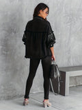 Black Fringe Decor Denim Jackets, Frayed Trim Long Sleeves Studded Street Style Denim Coats, Women's Denim Clothing