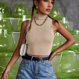 vlovelaw  Solid Turtle Neck Crop Knitted Top, Casual Sleeveless Top For Summer, Women's Clothing