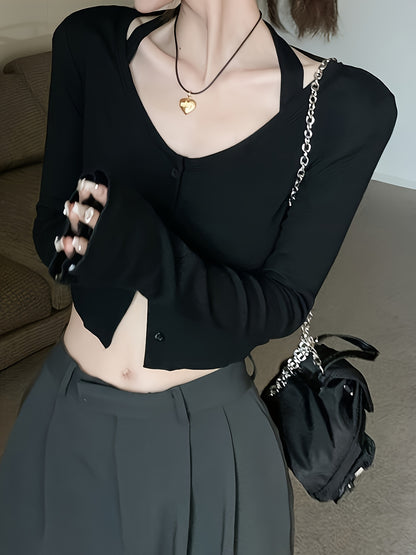 vlovelaw Solid Button Front Crop T-Shirt, Versatile Faux Halter Long Sleeve T-Shirt For Spring & Fall, Women's Clothing