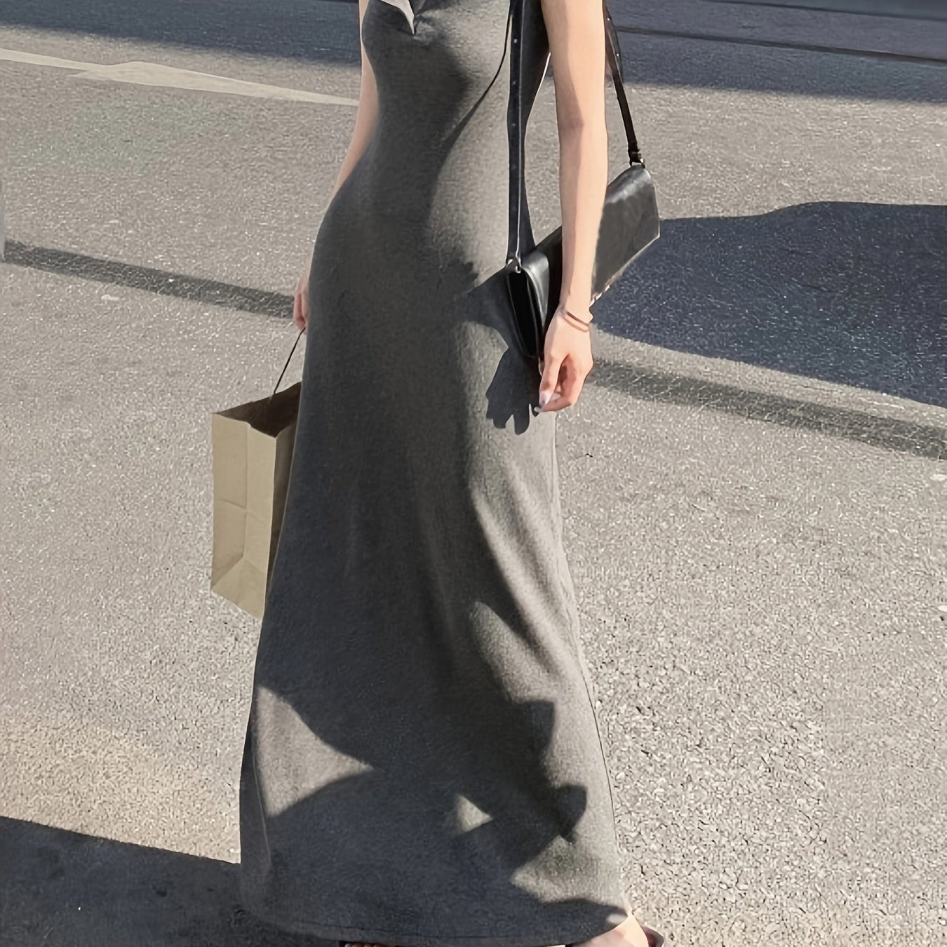 vlovelaw  Solid Button Front Tank Dress, Chic Square Neck Sleeveless A-line Ankle Length Dress, Women's Clothing