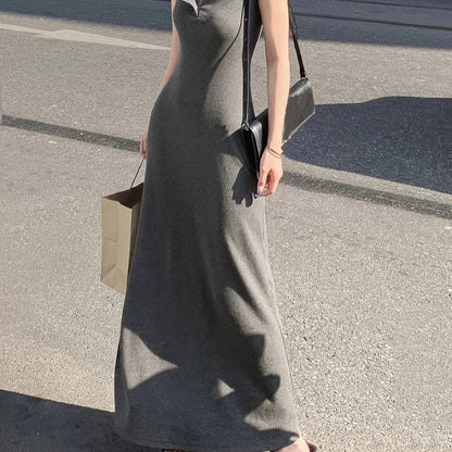 vlovelaw  Solid Button Front Tank Dress, Chic Square Neck Sleeveless A-line Ankle Length Dress, Women's Clothing