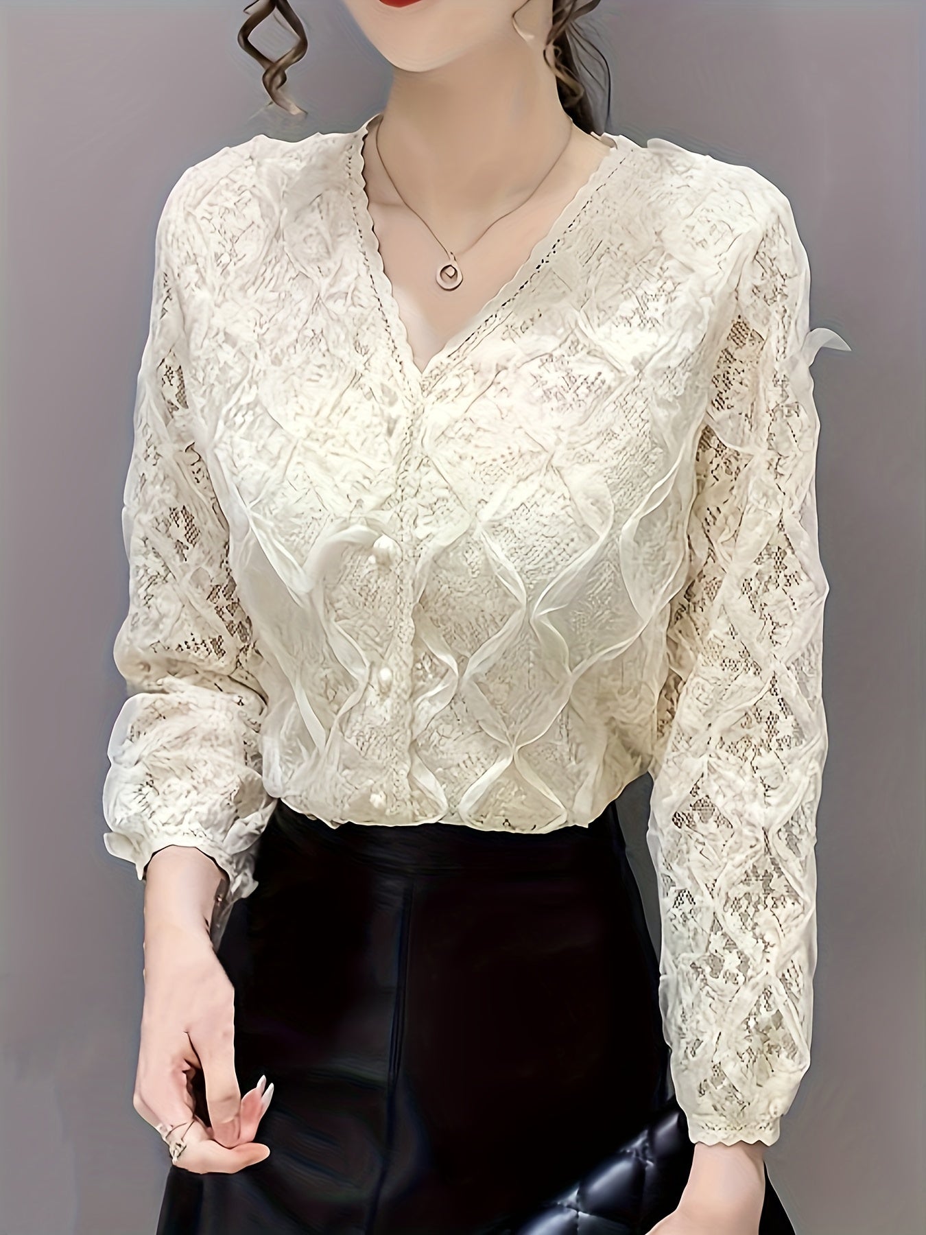 vlovelaw  Lace V Neck Button Front Blouse, Elegant Long Sleeve Blouse For Spring & Fall, Women's Clothing