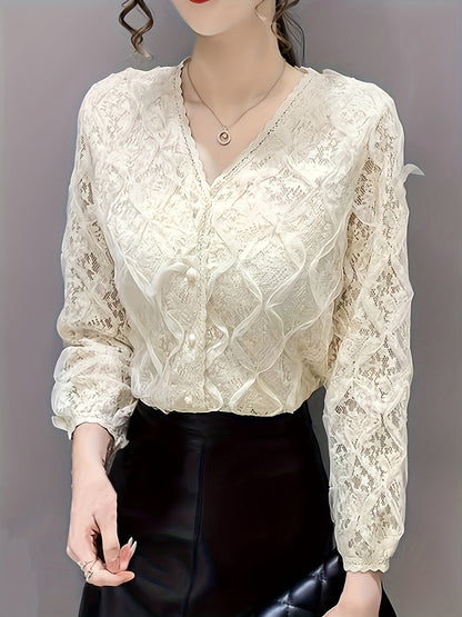 vlovelaw  Lace V Neck Button Front Blouse, Elegant Long Sleeve Blouse For Spring & Fall, Women's Clothing