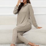 Solid Casual Knitted Two-piece Set, Long Sleeve Split Hooded Top & Skinny Pants Outfits, Women's Clothing
