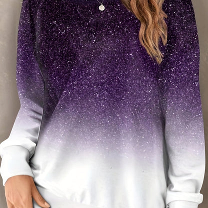 vlovelaw  Plus Size Casual Sweatshirt, Women's Plus Glitter Ombre Print Long Sleeve Round Neck Medium Stretch Pullover Top