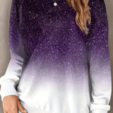 vlovelaw  Plus Size Casual Sweatshirt, Women's Plus Glitter Ombre Print Long Sleeve Round Neck Medium Stretch Pullover Top