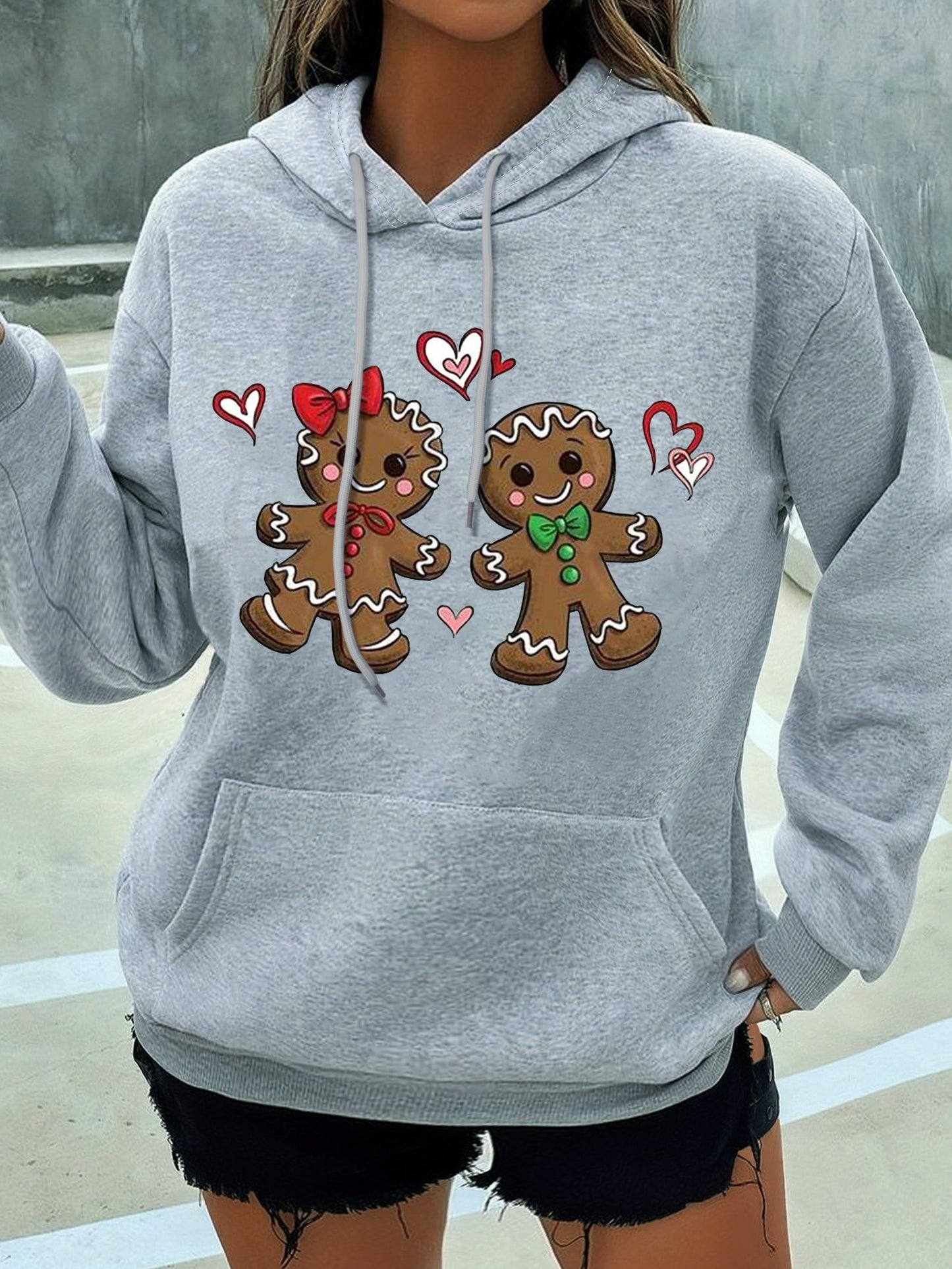 Festive Gingerbread Man Design Hoodie - Soft Casual Long Sleeve Kangaroo Pocket Sweatshirt with Relaxed Fit, Women's Cozy Winter Clothing for Holiday Season