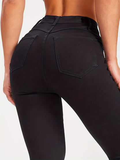 Solid Black Skinny Jeans, High Stretch Mid Rise Stylish Plain Denim Pants, Essential Basic Pants For Every Day, Women's Denim Jeans & Clothing