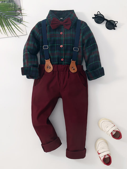 Boy's Gentleman Outfit, Color Clash Bowtie Plaid Pattern Shirt & Overalls Set for Formal Wear, Speech Performance, Birthday Party, Kid's Daily & Outdoor Wear, and Christmas Gift