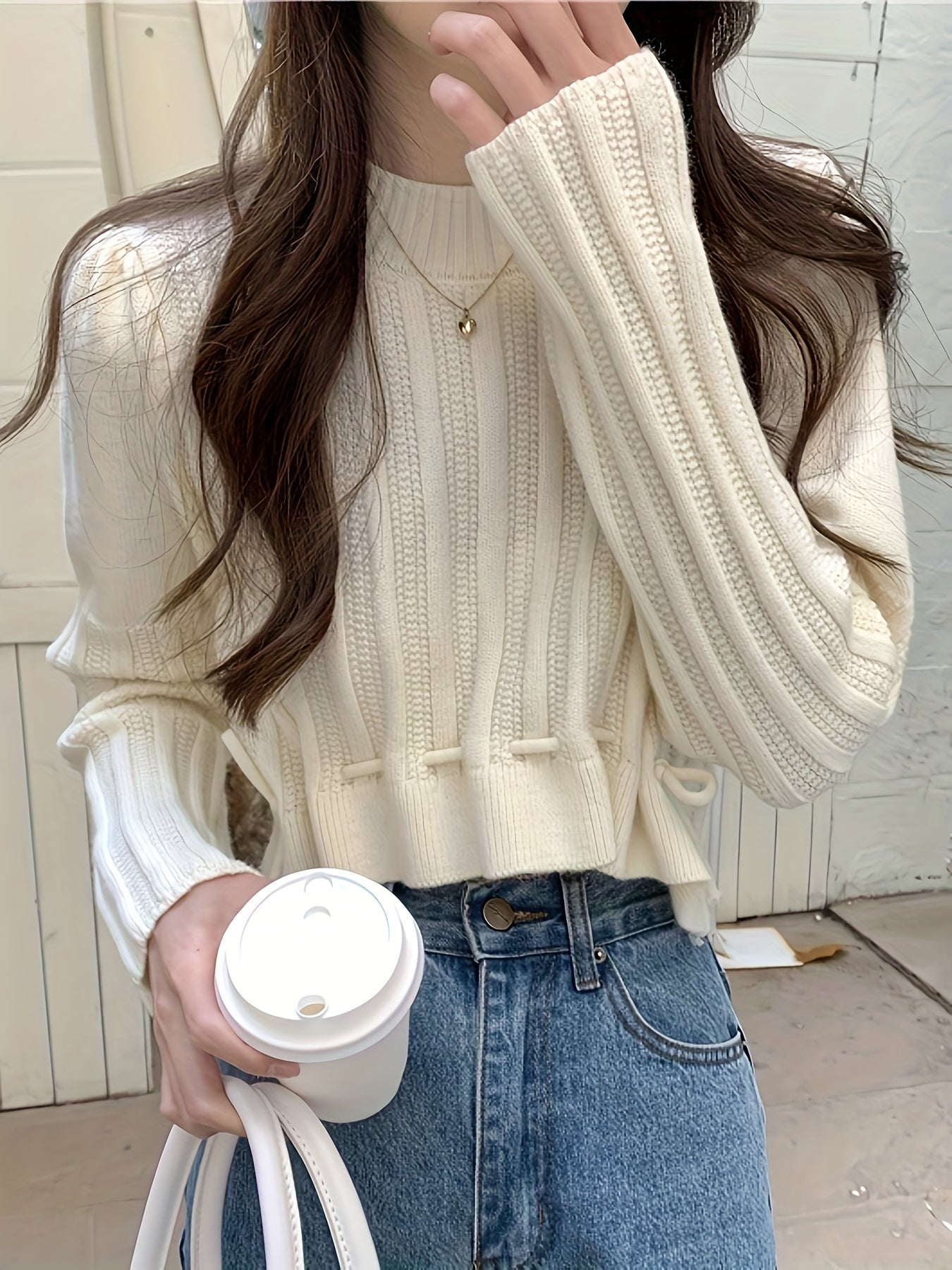vlovelaw Solid Drawstring Hem Crop Sweater, Casual Mock Neck Long Sleeve Sweater For Fall & Winter, Women's Clothing