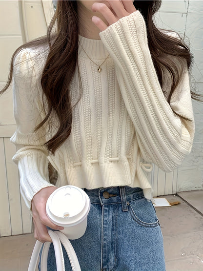 vlovelaw Solid Drawstring Hem Crop Sweater, Casual Mock Neck Long Sleeve Sweater For Fall & Winter, Women's Clothing