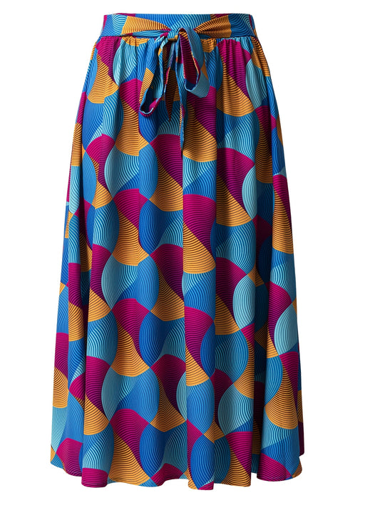 vlovelaw  Graphic Print Pleated Skirts, Boho Tie Front Summer Skirts, Women's Clothing