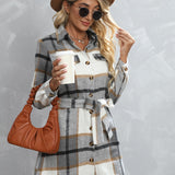 Button Plaid Tie Waist Jacket, Casual Long Sleeve Jacket For Fall & Winter, Women's Clothing