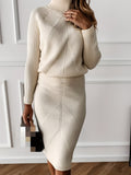 vlovelaw  Casual Solid Two-piece Set, Turtleneck Long Sleeve Tops & Bag Hip Skirts Outfits, Women's Clothing