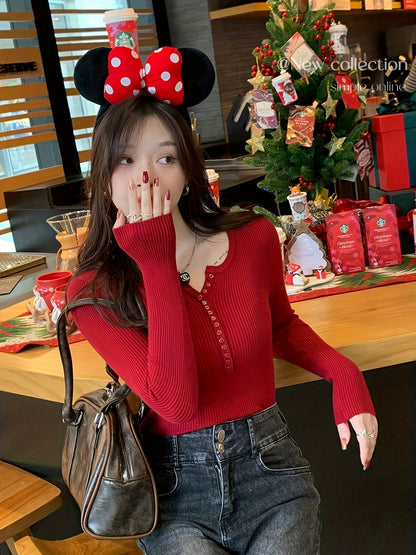 vlovelaw  Solid Button Front Sweater, Casual Long Sleeve Sweater For Fall & Winter, Women's Clothing