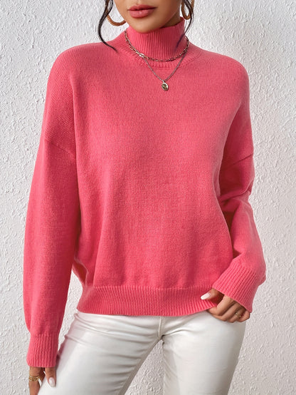 xieyinshe  Plus Size Casual Sweater, Women's Plus Solid Long Sleeve High Neck Medium Stretch Jumper