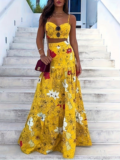 vlovelaw  Floral Print Two-piece Skirt Set, Crop Cami Top & Maxi Length A-line Skirt Outfits, Women's Clothing