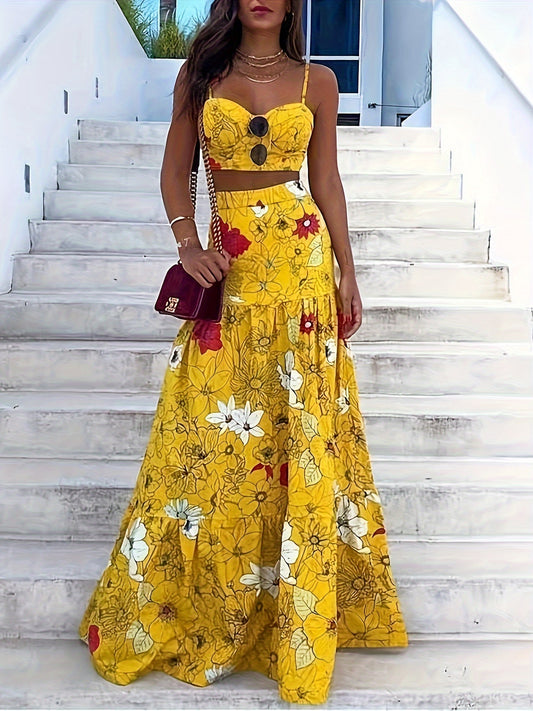 vlovelaw  Floral Print Two-piece Skirt Set, Crop Cami Top & Maxi Length A-line Skirt Outfits, Women's Clothing
