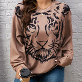 vlovelaw Plus Size Casual Sweatshirt, Women's Plus Tiger Print Long Sleeve Round Neck Medium Stretch Pullover Top