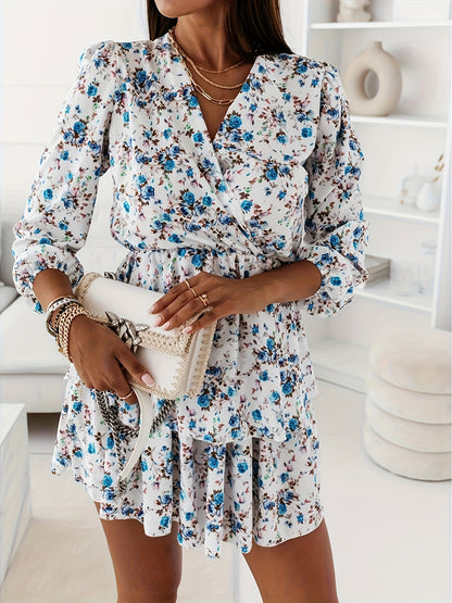 vlovelaw Floral Print Surplice Neck Dress, Casual Long Sleeve Layered Hem Dress, Women's Clothing