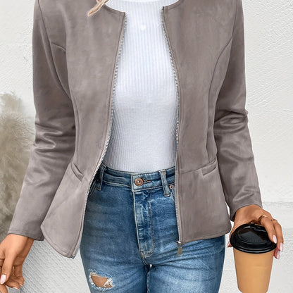 vlovelaw Solid Zip Up Jacket, Casual Long Sleeve Crew Neck Outerwear For Spring & Fall, Women's Clothing