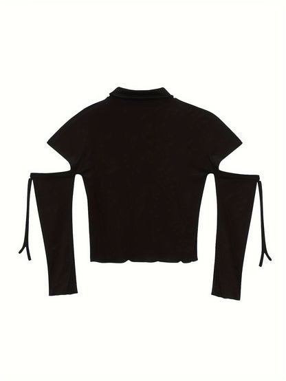 vlovelaw Cut Out Mock Neck T-Shirt, Y2K Long Sleeve Top For Spring & Fall, Women's Clothing