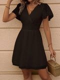 Solid Shirred Waist Dress, Elegant V Neck Flutter Sleeve Dress, Women's Clothing