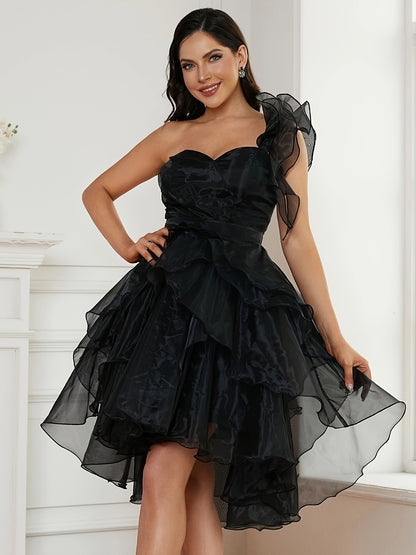 vlovelaw  One Shoulder Ruffle Trim Dress, Elegant A-line Mesh Overlay Evening Dress For Party & Banquet, Women's Clothing