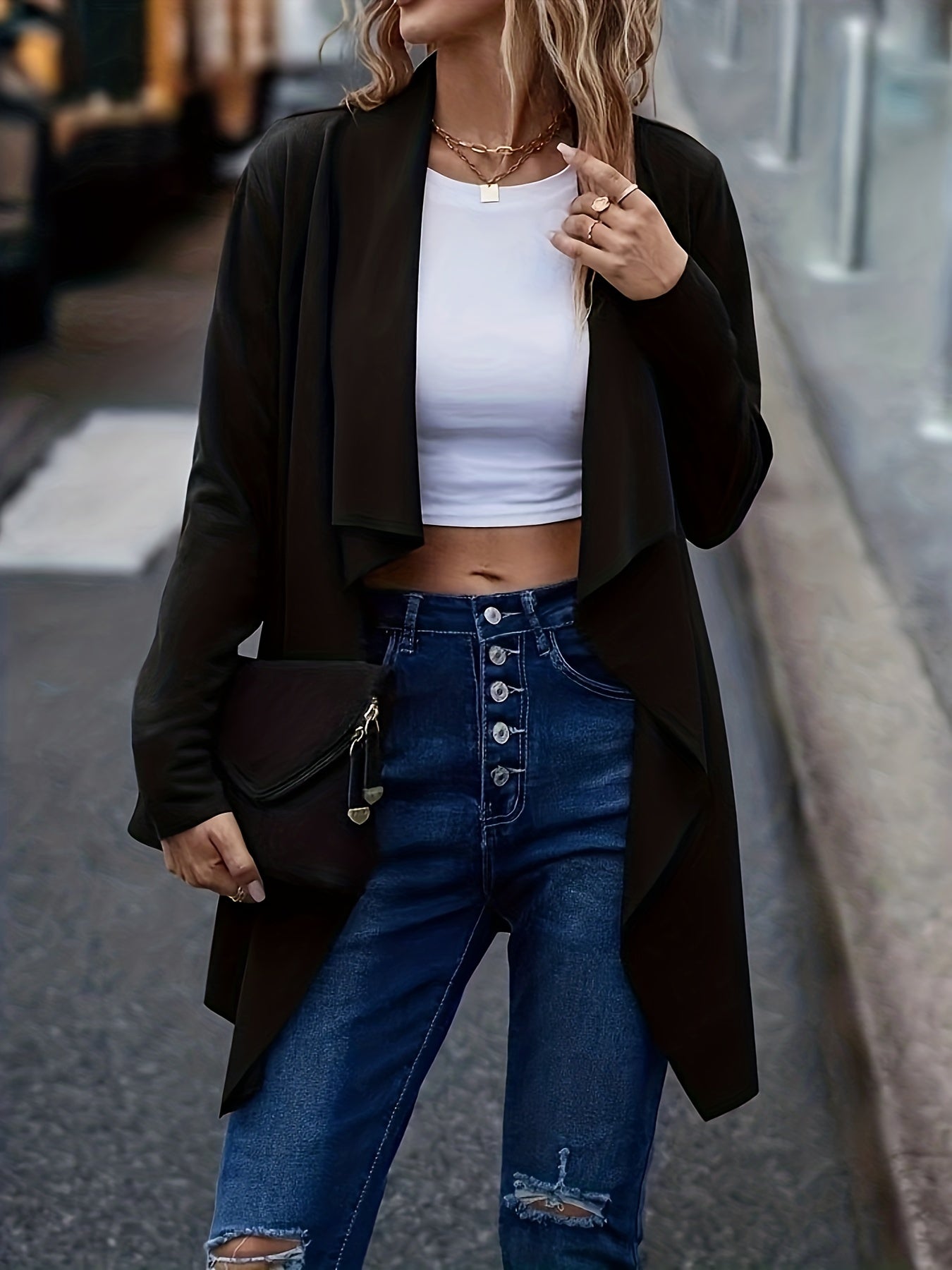 Solid Waterfall Collar Coat, Elegant Open Front Long Sleeve Outerwear, Women's Clothing