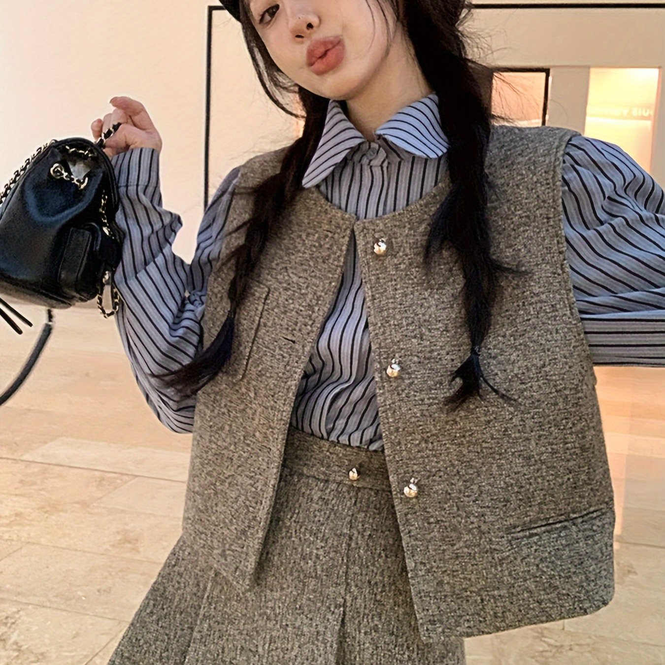 vlovelaw  Casual Three-piece Skirt Set, Button Front Vest & Stripe Print Long Sleeve Shirt & Flare Skirt Outfits, Women's Clothing