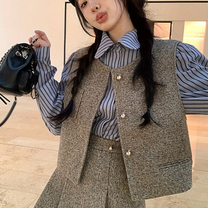 vlovelaw  Casual Three-piece Skirt Set, Button Front Vest & Stripe Print Long Sleeve Shirt & Flare Skirt Outfits, Women's Clothing