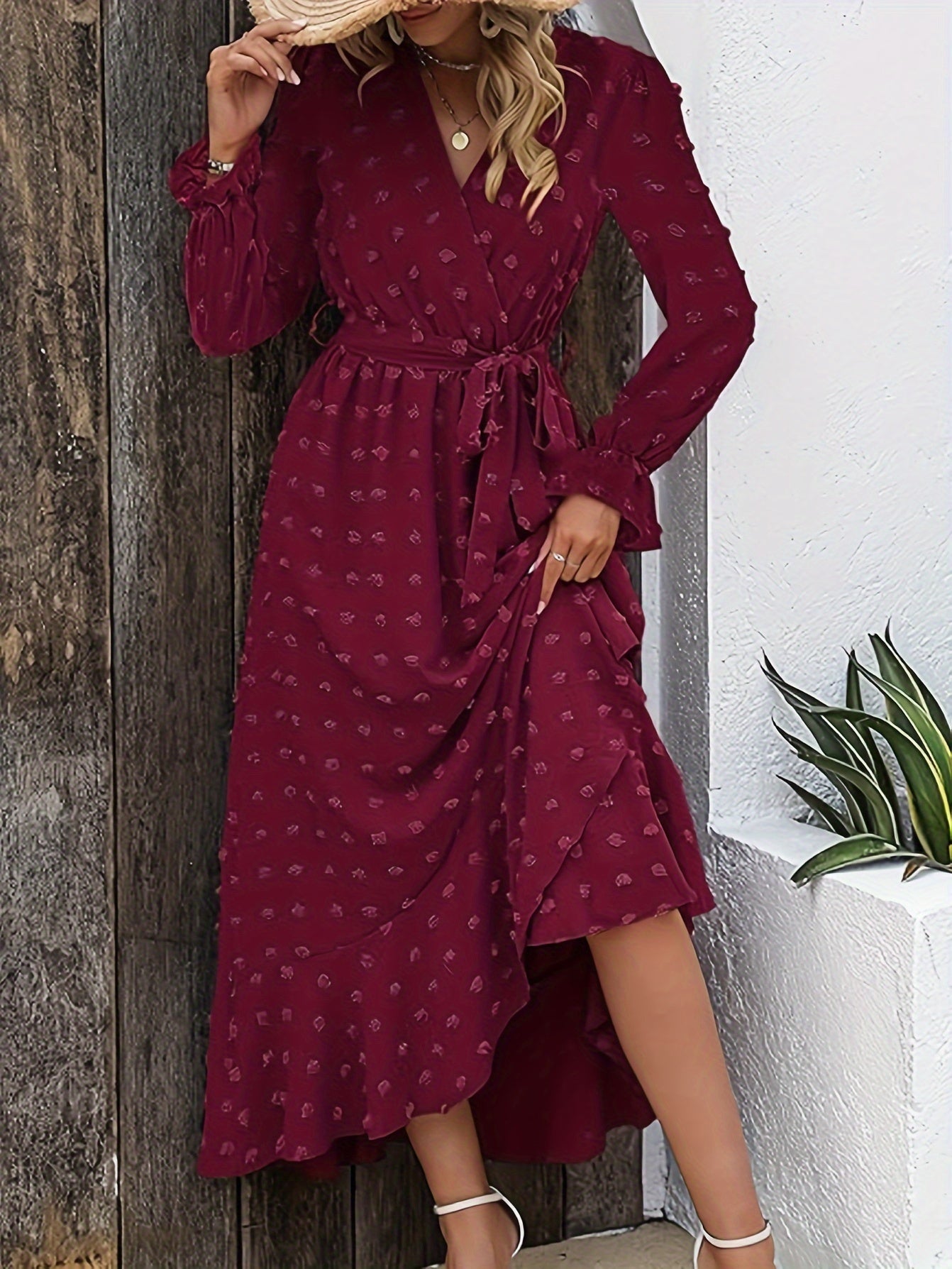 vlovelaw  Solid Color Pleated Hem Dress, Elegant Belt Cross Surplice Neck Long Sleeve Dress, Women's Clothing
