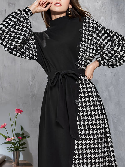 vlovelaw  Houndstooth Print Splicing Mock Neck Dress, Casual Cinched Waist Long Sleeve Belted Dress, Women's Clothing