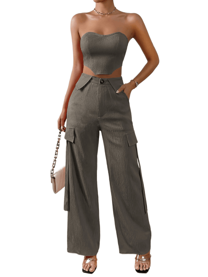 vlovelaw Solid Color Two-piece Set, Tie Back Tube Top & Pants Outfits, Women's Clothing