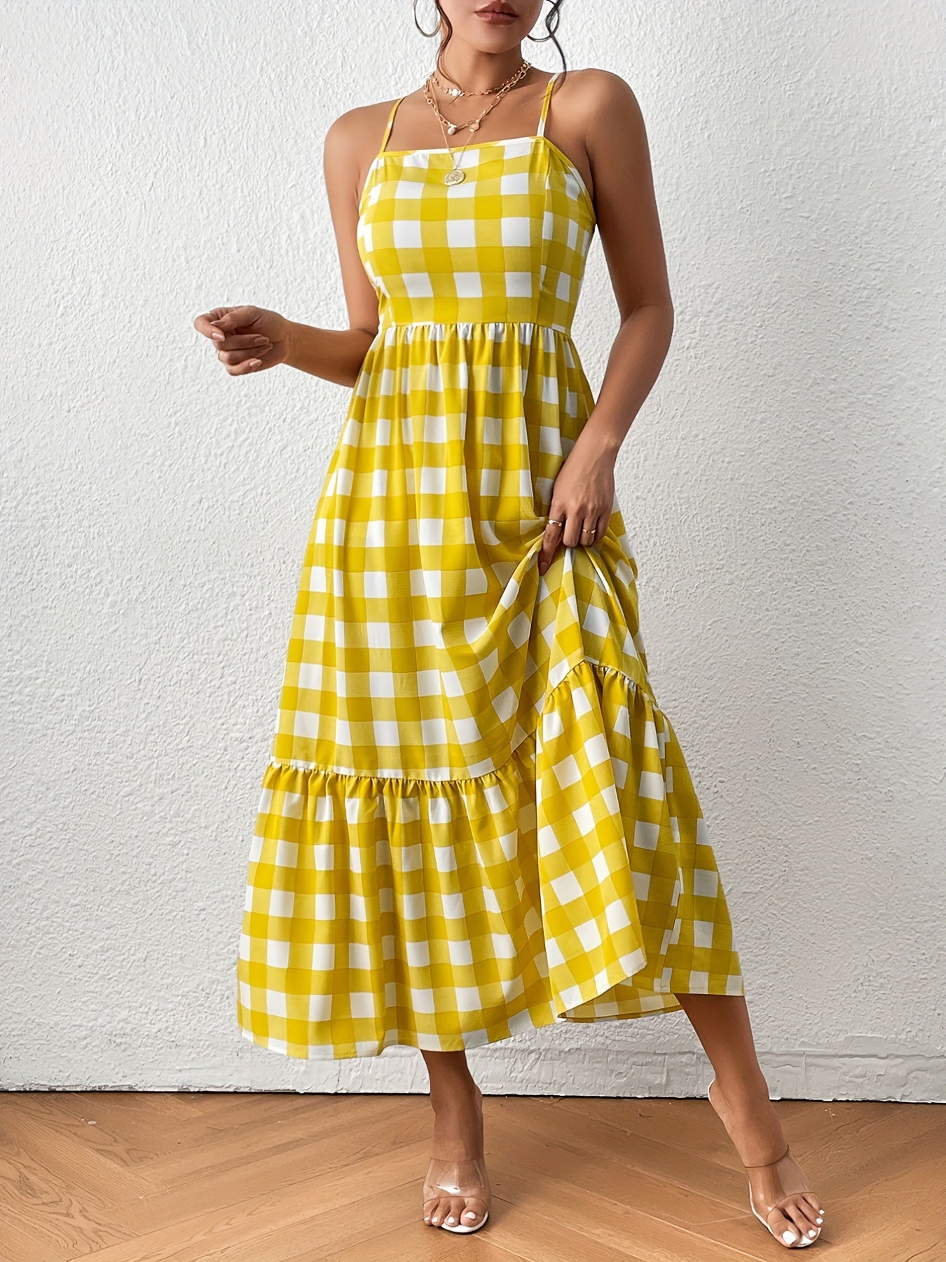 vlovelaw Gingham Print Cami Dress, High Waist Casual Dress For Summer & Spring, Women's Clothing