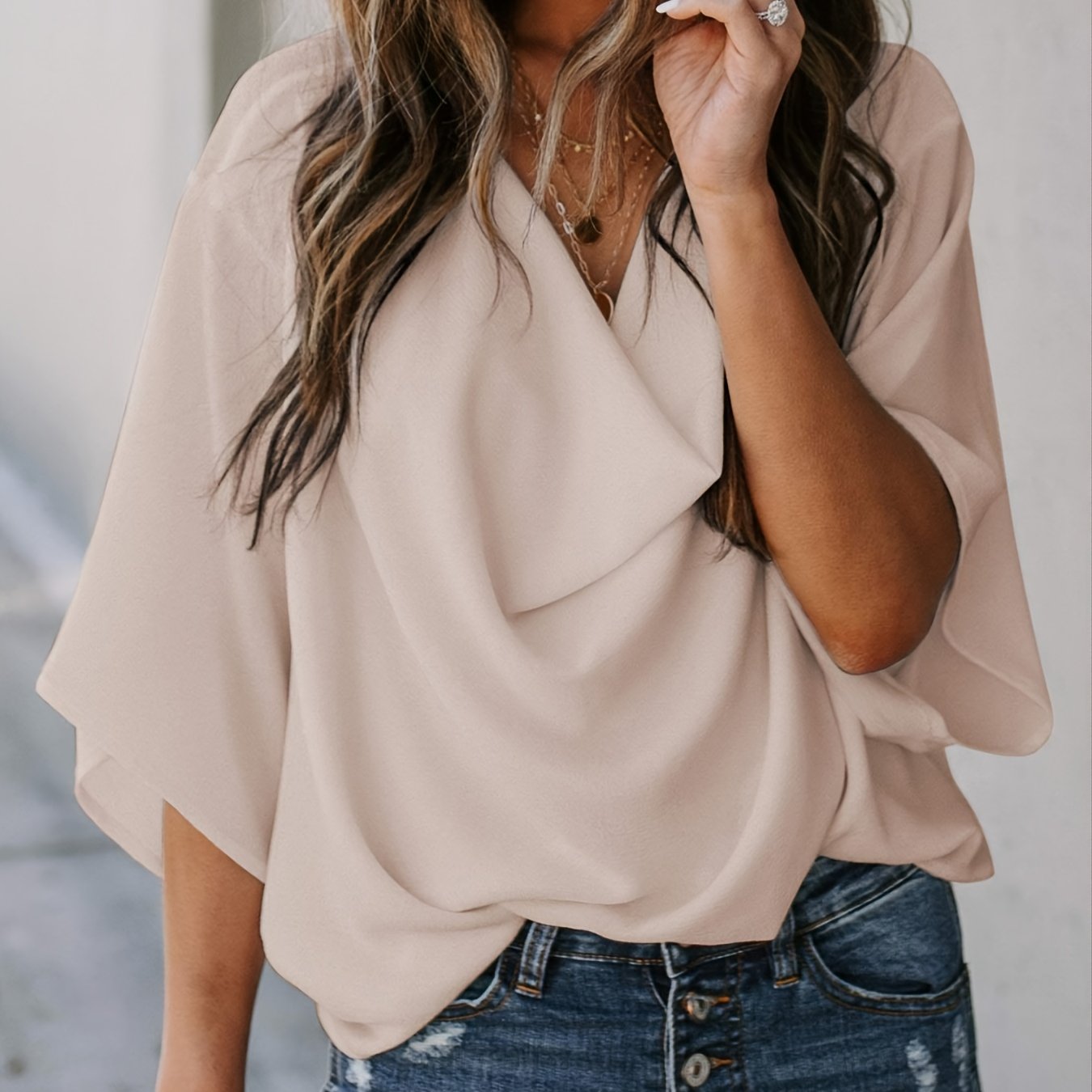 Women's Blouse V-neck Loose Casual Fashion Chiffon Solid Blouse