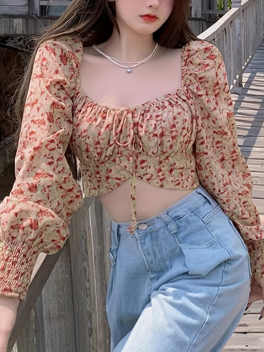 vlovelaw Allover Print Tie Front Crop Blouse, Vacation Style Lantern Sleeve Square Neck Blouse For Spring & Fall, Women's Clothing
