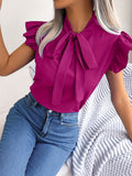 vlovelaw Bow Tie Flutter Sleeve Blouse, Elegant Sleeveless Solid Ruffle Trim Blouse, Women's Clothing