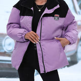 Color Block Zip Up Warm Coat, Casual Long Sleeve Winter Outerwear, Women's Clothing