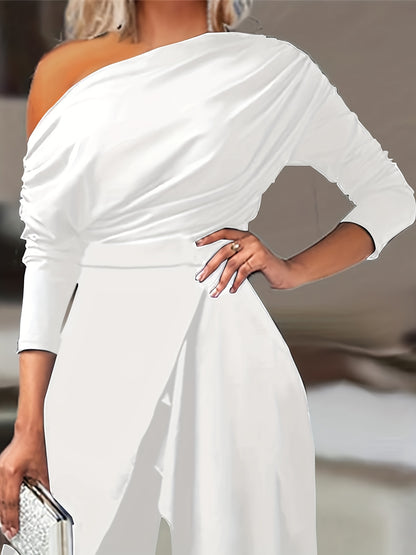 Ruched Split Jumpsuit, Casual Solid Long Sleeve Wide Leg Jumpsuit, Women's Clothing