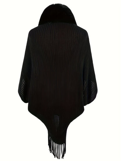 Tassel Cape Knit Sweater, Casual Open Front Solid Sweater, Women's Clothing