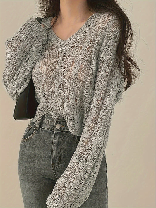 vlovelaw Solid V Neck Pullover Sweater, Casual Long Sleeve Thin Knit Sweater, Women's Clothing