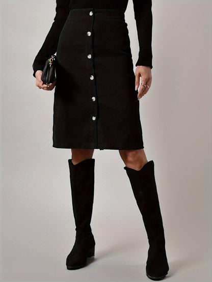 Solid Button Front Corduroy Skirt, Casual High Waist Knee Length Skirt, Women's Clothing