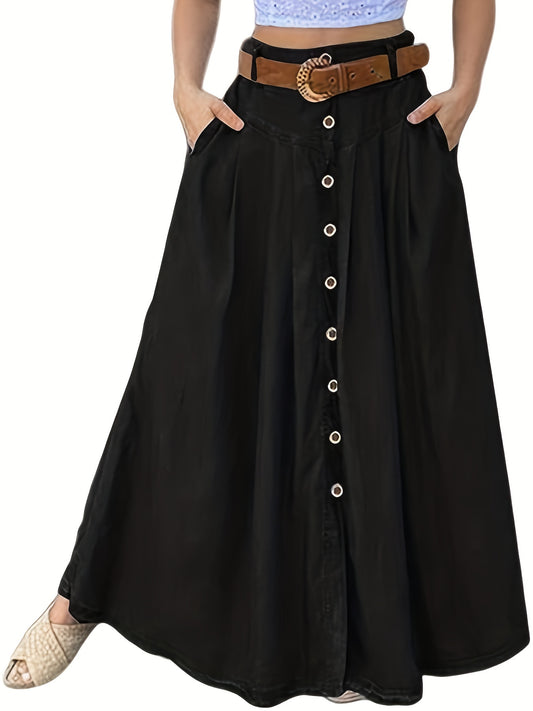 Button Up Maxi Skirt Without Belt, Solid Vacation Casual Skirt, Women's Clothing