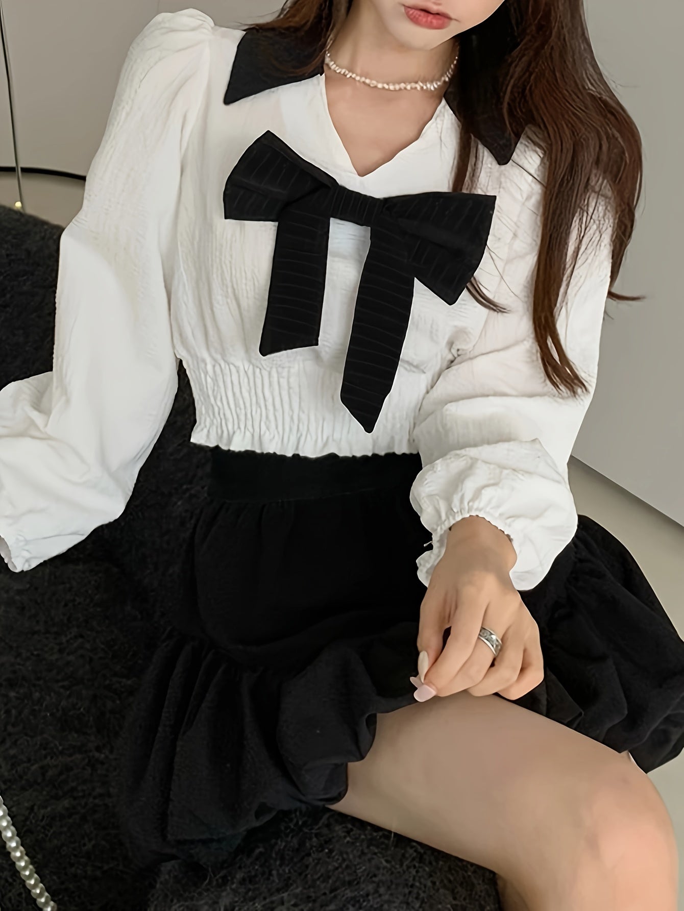 Contrast Trim Bow Decor Blouse, Sweet Lantern Sleeve Blouse For Spring & Fall, Women's Clothing