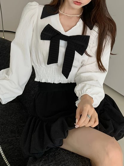 Contrast Trim Bow Decor Blouse, Sweet Lantern Sleeve Blouse For Spring & Fall, Women's Clothing